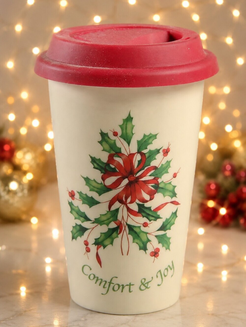 Lenox Comfort & Joy Holiday Travel Mug Christmas Holly Ceramic Cup Gently Used